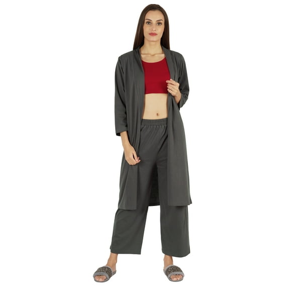 Inkmeso Womens 3 Pcs Nightwear Set Crop Tank Top Loose Pants & Front Open Shrug Sleepwear