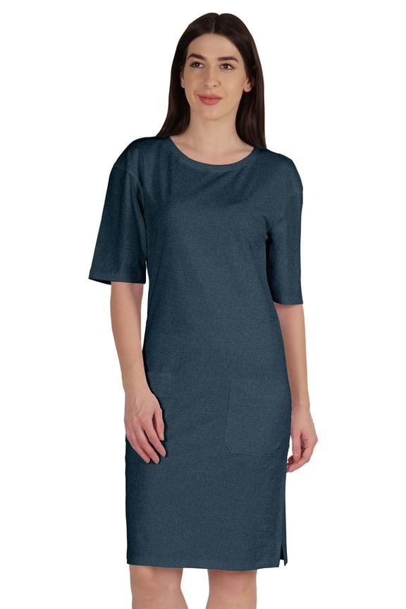 Womens Elbow Sleeve Regular Fit Tshirt Dress With Front Pockets