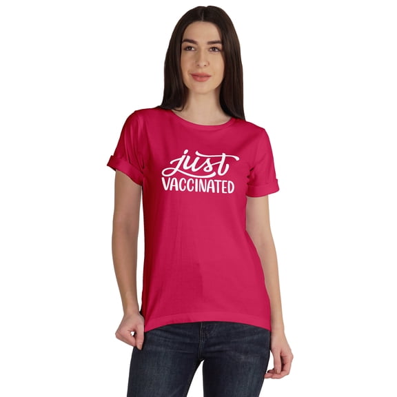 Inkmeso Womens Just Vaccinated Funny Pro-Vaccine scoop-neck T-shirt Casual Tee