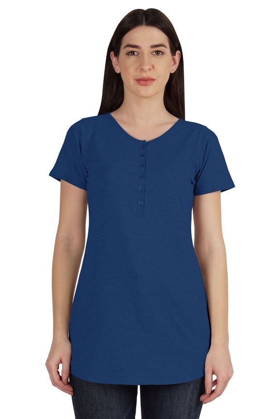 Womens Short Sleeve Button Tunic Top Cotton Tee Long Length Tshirt For Leggings