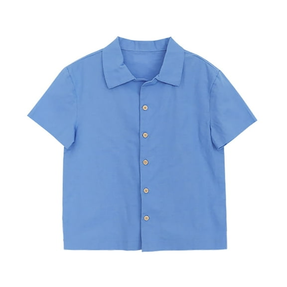 Inknowing Breathable Cotton Linen Boys Short Sleeve Button Down Shirt with Collar for Child