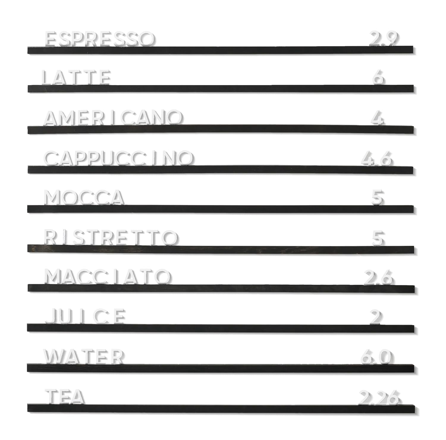 Inko Horeca Wooden Wall Letter Board Set - 10 Black Oak Rails + 400 Black Letters, Floating Menu Display For Cafe, Kitchen, Home
