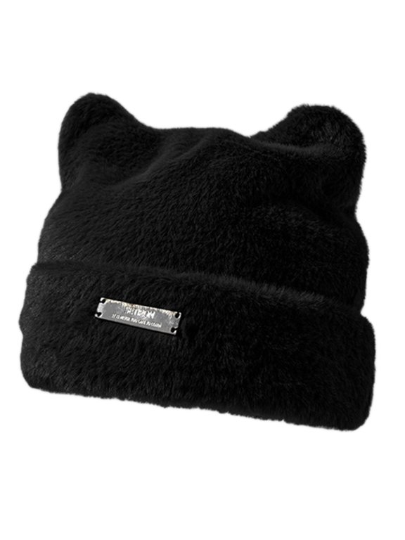 Y2K Gothic Plush Woolen Cat Ear Little Devil Hat Womens Cute Winter Handmade Beanies Female Cap Ear Warmer Cap