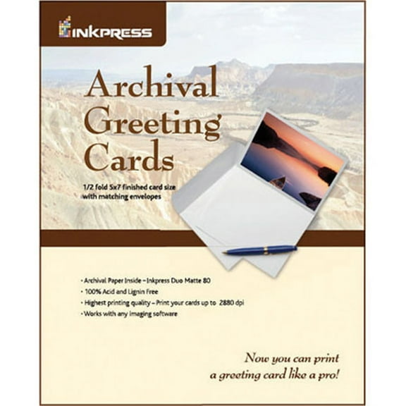 Inkpress Archival Greeting Cards for Inkjet 7x10" Scored Archival Greeting Card Paper, (Produces 5x7" Card), 100 Sheets with Matching Envelopes