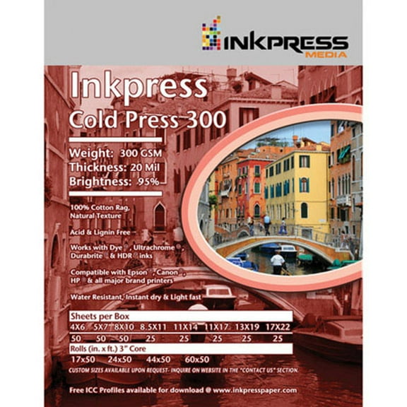 Inkpress Cold Press 300 Photo Paper, 20 Mil, 300 GSM, 13x19", 25 Sheets