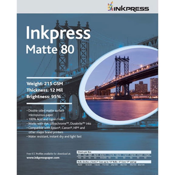Inkpress Duo Matte 80 Inkjet Paper, 215 gsm Weight, 12 mil Thickness, 95% Brightness, Double Sided, 11x14", 100 Sheets