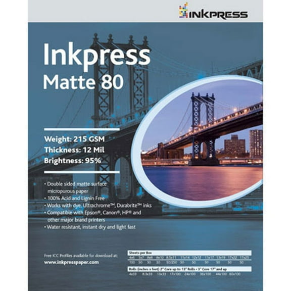Inkpress Duo Matte 80 Inkjet Paper, 215 gsm Weight, 12 mil Thickness, 95% Brightness, Double Sided, 11x14", 50 Sheets
