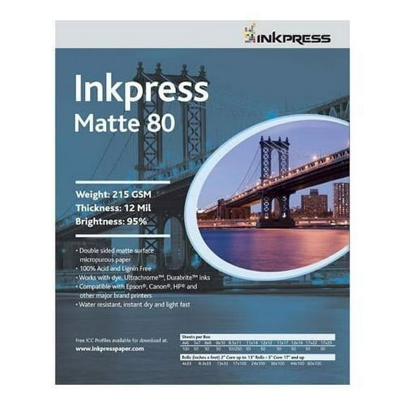 Inkpress Duo Matte 80 Inkjet Paper, 215 gsm Weight, 12 mil Thickness, 95% Brightness, Double Sided, 12x12", 50 Sheets