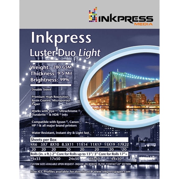 Inkpress Luster Duo, Double Sided Inkjet Paper, 99% Bright, 280 gsm, 9.5 mil., 11x14", 20 Sheets