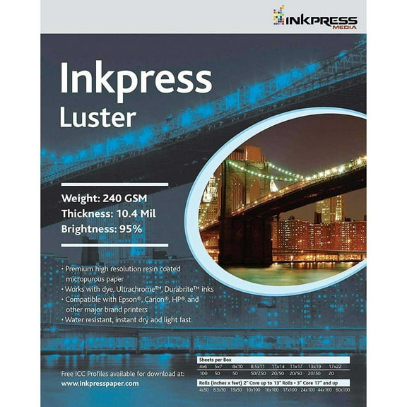 Inkpress Luster Premium Single Sided Bright Resin Coated Photograde Inkjet Paper, 10.4mil., 240gsm., 8x10", 50 Sheets