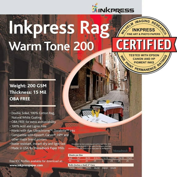 Inkpress Rag Warm Tone 200 Double Sided, Cream White Matte Inkjet Paper, 15 mil, 200 gsm, 8x10", 25 Sheets