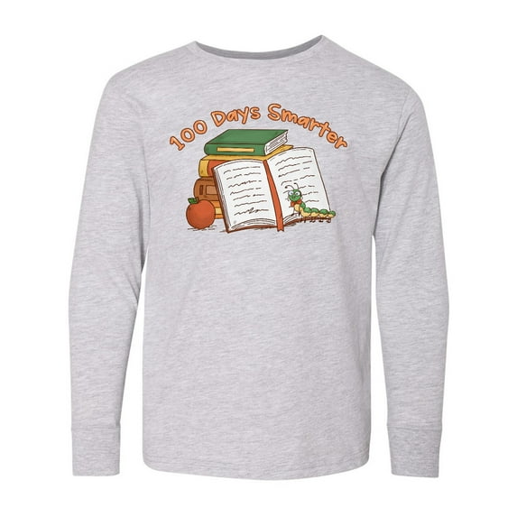 Inktastic 100 Days Smarter Bookworm 100th Day of School Long Sleeve Youth T-Shirt