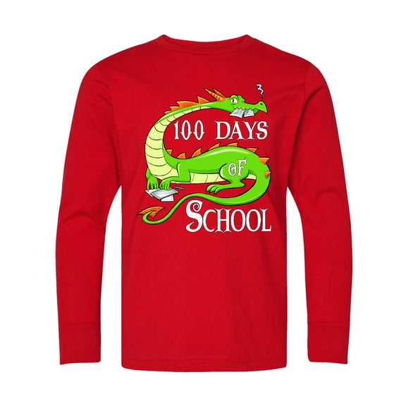 Inktastic 100 Days of School Cute Green Dragon Long Sleeve Youth T-Shirt