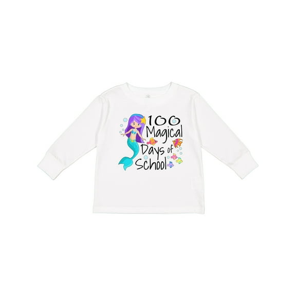 Inktastic 100 Magical Days of School with Blue Mermaid and Fish Boys or Girls Long Sleeve Toddler T-Shirt
