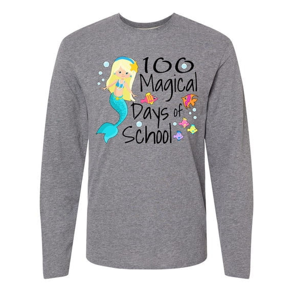 Inktastic 100 Magical Days of School with Blue Mermaid and Fish Long Sleeve T-Shirt