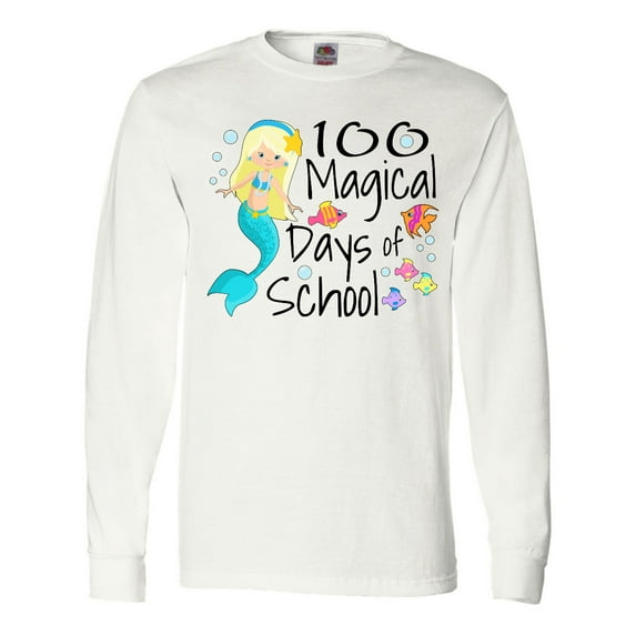 Inktastic 100 Magical Days of School with Blue Mermaid and Fish Long Sleeve T-Shirt