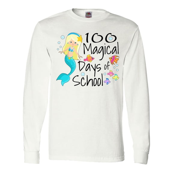 Inktastic 100 Magical Days of School with Blue Mermaid and Fish Long Sleeve T-Shirt
