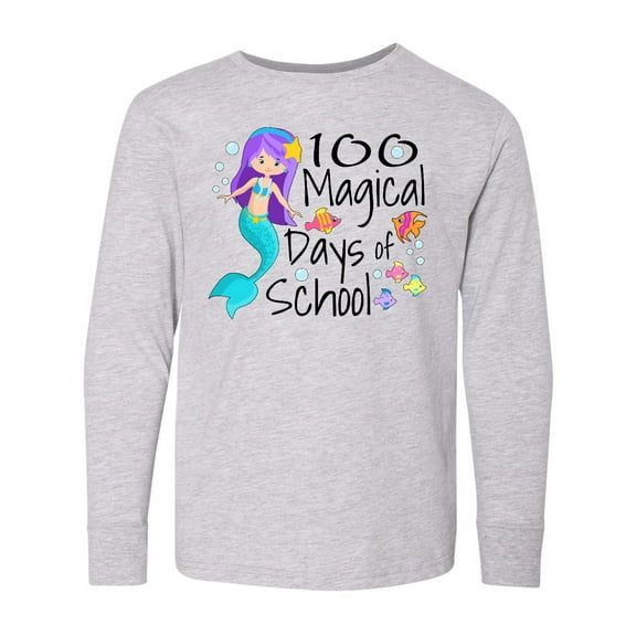 Inktastic 100 Magical Days of School with Blue Mermaid and Fish Long Sleeve Youth T-Shirt
