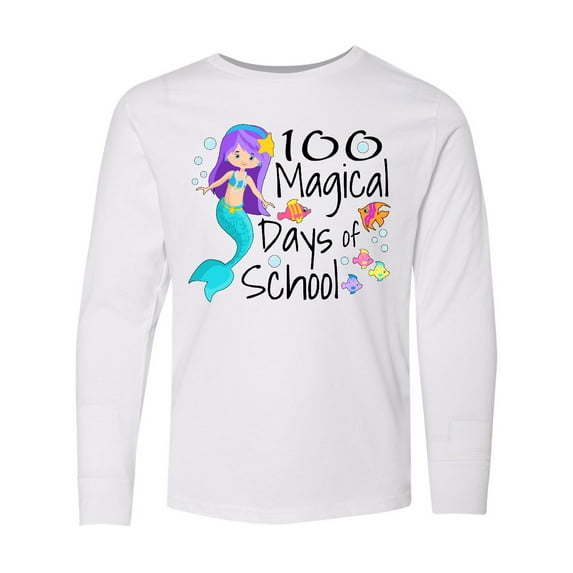 Inktastic 100 Magical Days of School with Blue Mermaid and Fish Long Sleeve Youth T-Shirt
