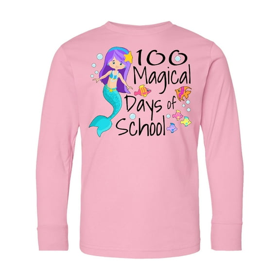 Inktastic 100 Magical Days of School with Blue Mermaid and Fish Long Sleeve Youth T-Shirt