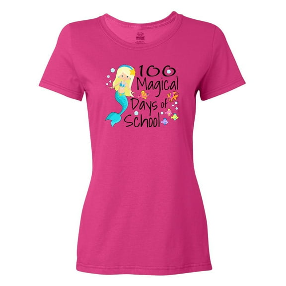 Inktastic 100 Magical Days of School with Blue Mermaid and Fish Women's T-Shirt