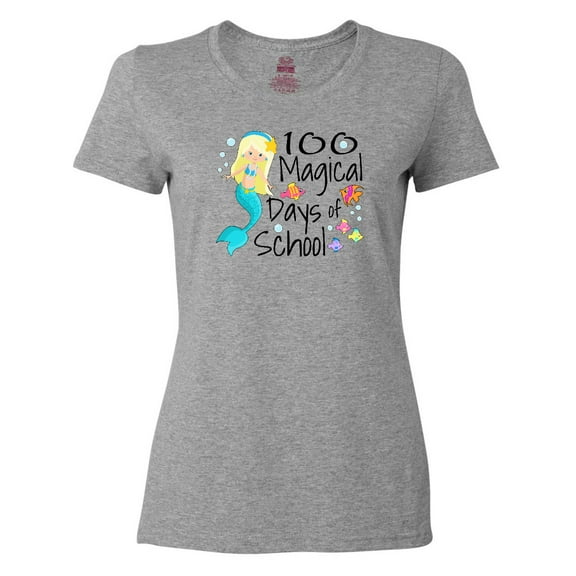 Inktastic 100 Magical Days of School with Blue Mermaid and Fish Women's T-Shirt