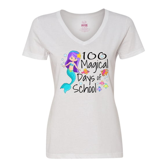 Inktastic 100 Magical Days of School with Blue Mermaid and Fish Women's V-Neck T-Shirt