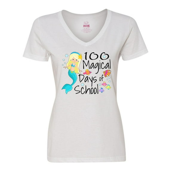 Inktastic 100 Magical Days of School with Blue Mermaid and Fish Women's V-Neck T-Shirt