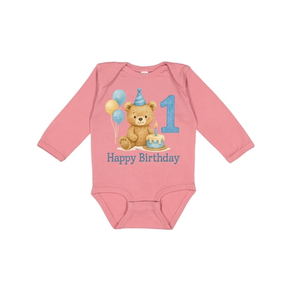 Inktastic 1st Birthday Bear with Cake and Balloons Boys or Girls Long Sleeve Baby Bodysuit
