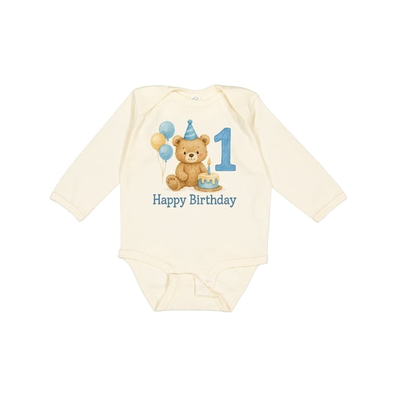 Inktastic 1st Birthday Bear with Cake and Balloons Boys or Girls Long Sleeve Baby Bodysuit