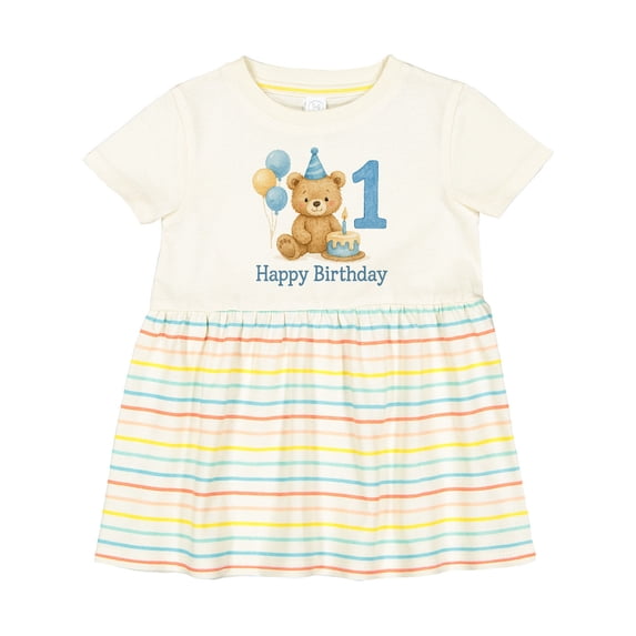 Inktastic 1st Birthday Bear with Cake and Balloons Girls Baby Dress
