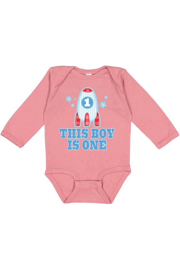 1st Birthday Boy Rocket Ship Boys Long Sleeve Baby Bodysuit