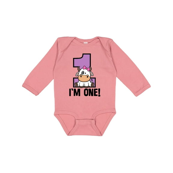 Inktastic 1st Birthday Cow Farm Party Girls 1 Year Old Girls Long Sleeve Baby Bodysuit