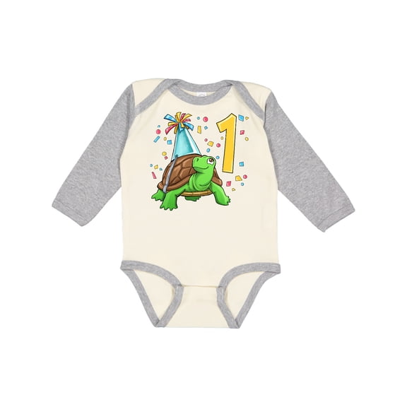 Inktastic 1st Birthday Cute Turtle in Party Hat with Confetti Boys or Girls Long Sleeve Baby Bodysuit