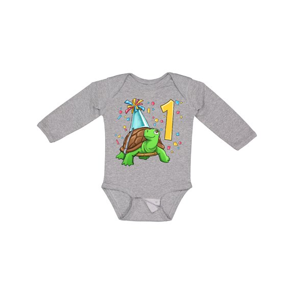 Inktastic 1st Birthday Cute Turtle in Party Hat with Confetti Boys or Girls Long Sleeve Baby Bodysuit