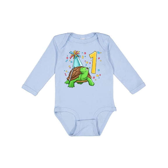 Inktastic 1st Birthday Cute Turtle in Party Hat with Confetti Boys or Girls Long Sleeve Baby Bodysuit
