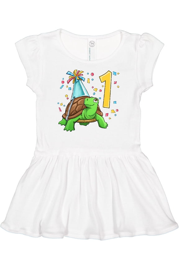 1st Birthday Cute Turtle in Party Hat with Confetti Girls Baby Dress