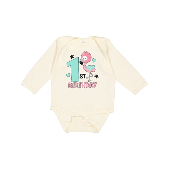 Inktastic 1st Birthday with Flamingo Stars and Hearts Girls Long Sleeve Baby Bodysuit