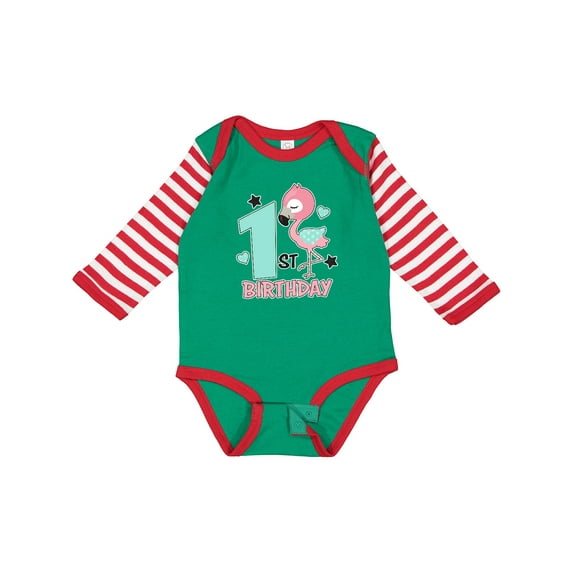 Inktastic 1st Birthday with Flamingo Stars and Hearts Girls Long Sleeve Baby Bodysuit