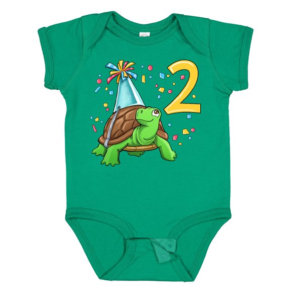 Inktastic 2nd Birthday Cute Turtle in Party Hat with Confetti Boys or Girls Baby Bodysuit