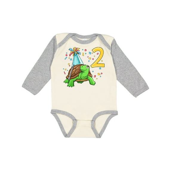 Inktastic 2nd Birthday Cute Turtle in Party Hat with Confetti Boys or Girls Long Sleeve Baby Bodysuit