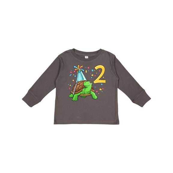 Inktastic 2nd Birthday Cute Turtle in Party Hat with Confetti Boys or Girls Long Sleeve Toddler T-Shirt