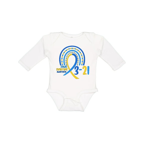 Inktastic 3-21 World Down Syndrome Day Blue and Yellow Rainbow Ribbon Boys or Girls Long Sleeve Baby Bodysuit