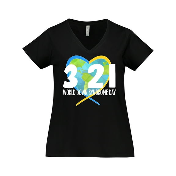 Inktastic 3 21 World Down Syndrome Day with Heart Shaped Earth Women's Plus Size V-Neck T-Shirt