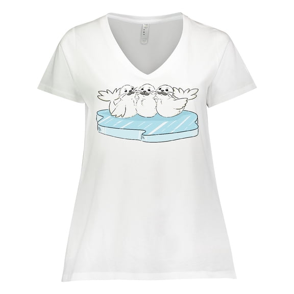 Inktastic 3 Cute White Harp Seals on Ice Women's Plus Size V-Neck T-Shirt