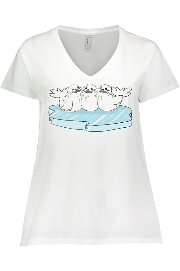 3 Cute White Harp Seals on Ice Women's Plus Size V-Neck T-Shirt