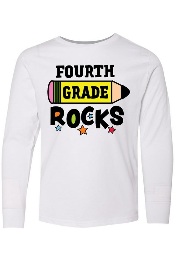 4th Grade Rocks with Pencil and Stars Long Sleeve Youth T-Shirt