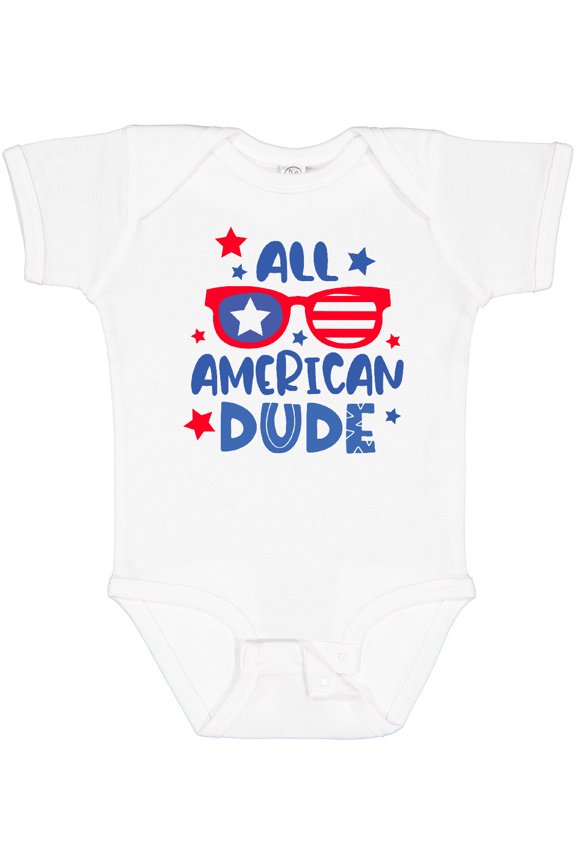 4th of July All American Dude with Red and Blue Glasses Boys Baby Bodysuit