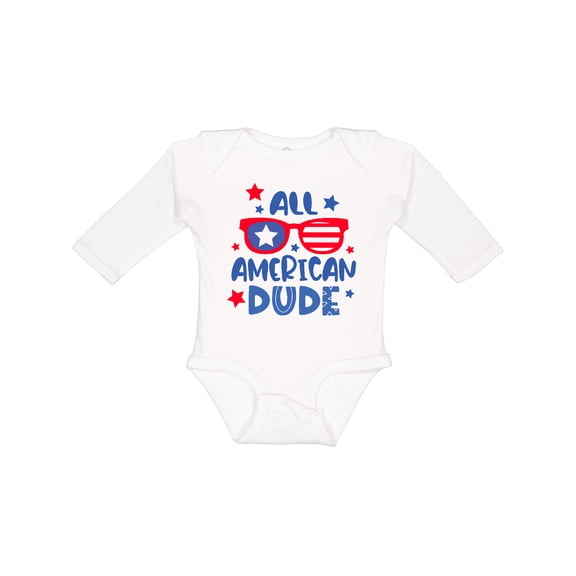 Inktastic 4th of July All American Dude with Red and Blue Glasses Boys Long Sleeve Baby Bodysuit
