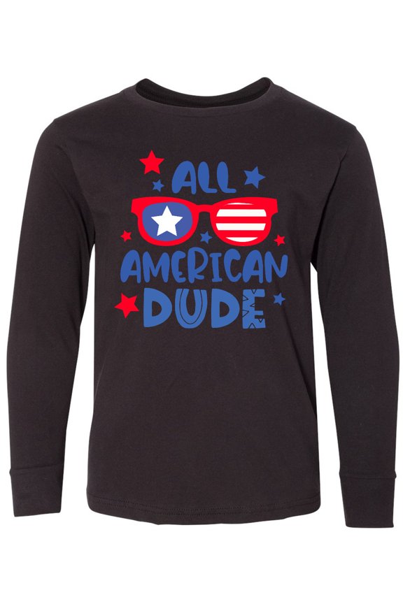 4th of July All American Dude with Red and Blue Glasses Long Sleeve Youth T-Shirt